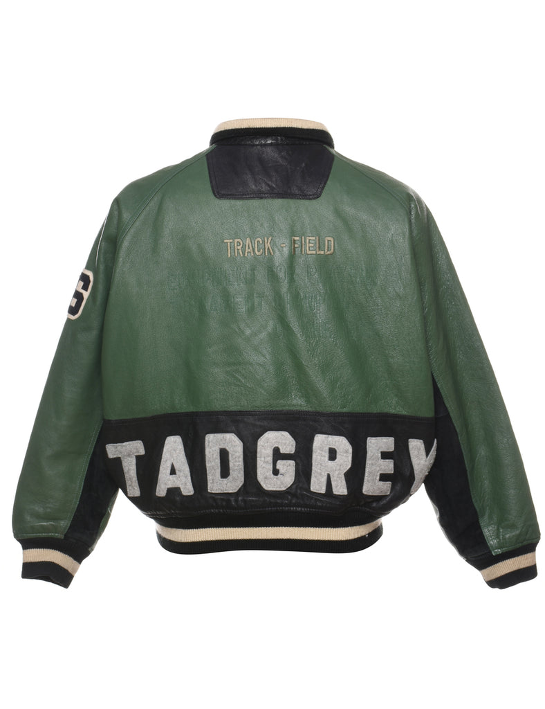 Black & Green Appliqued Leather Varsity Jacket - L