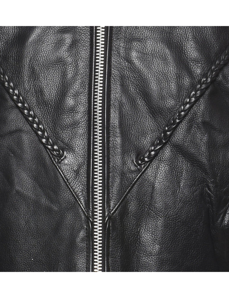 Black Plaid Detail Zip-Front Leather Jacket - L
