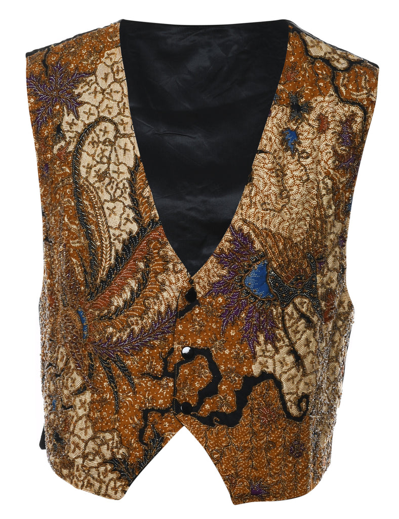 Classic Beaded Black & Brown Floral Design Waistcoat - S