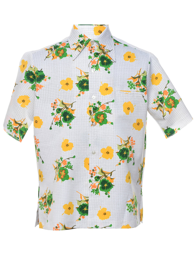 Floral Yellow, White & Green 1970s Shirt - L