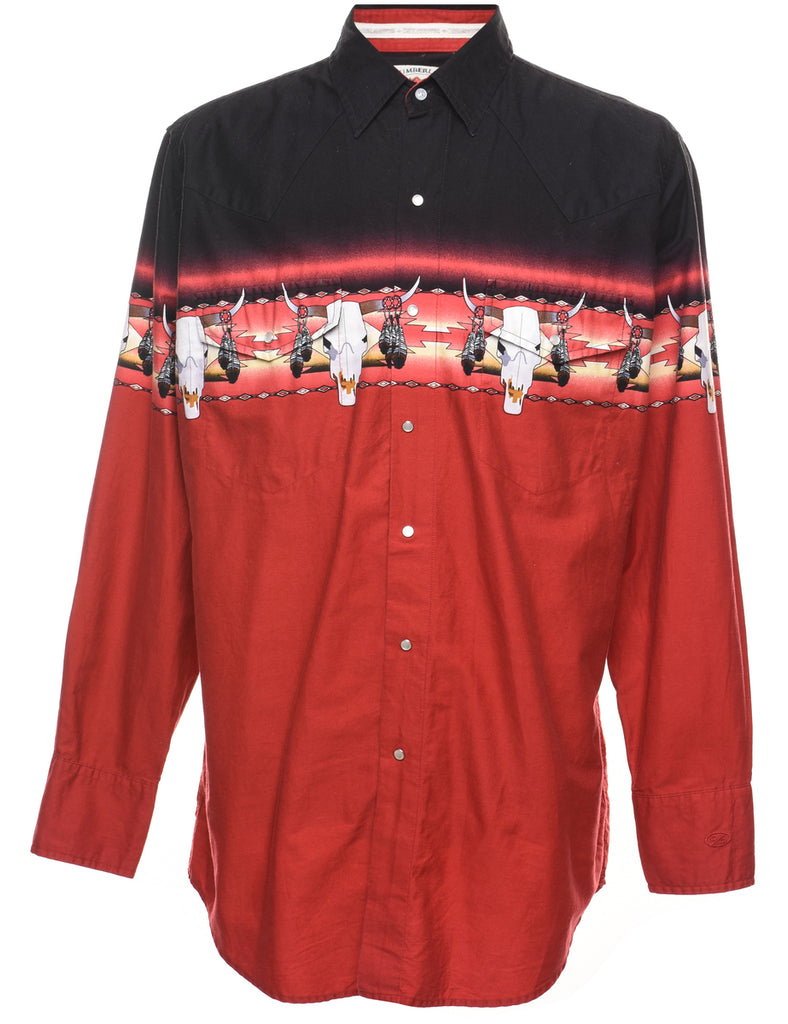 Long Sleeved Black & Red Skull Design Western Shirt - L