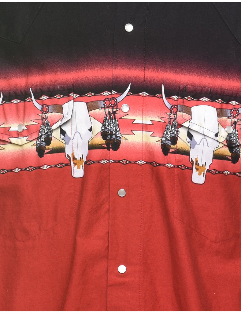 Long Sleeved Black & Red Skull Design Western Shirt - L