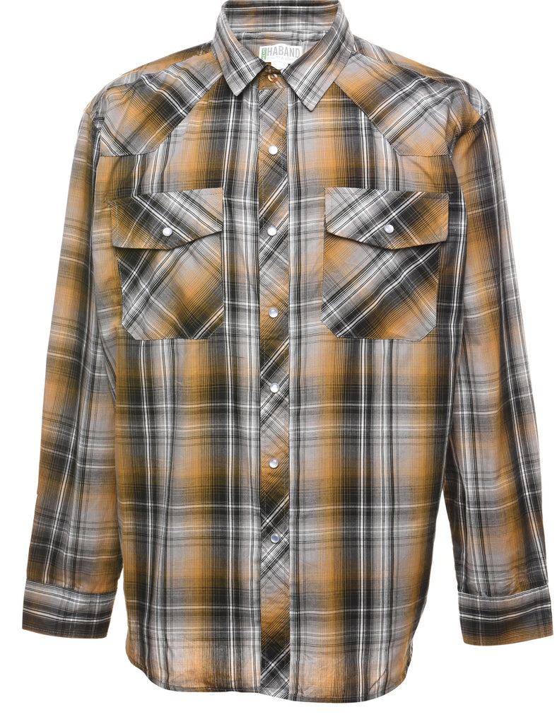 Long Sleeved Yellow & Grey Checked Western Shirt - L