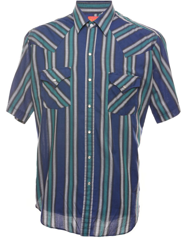 Striped Green & Navy Classic Western Shirt - L