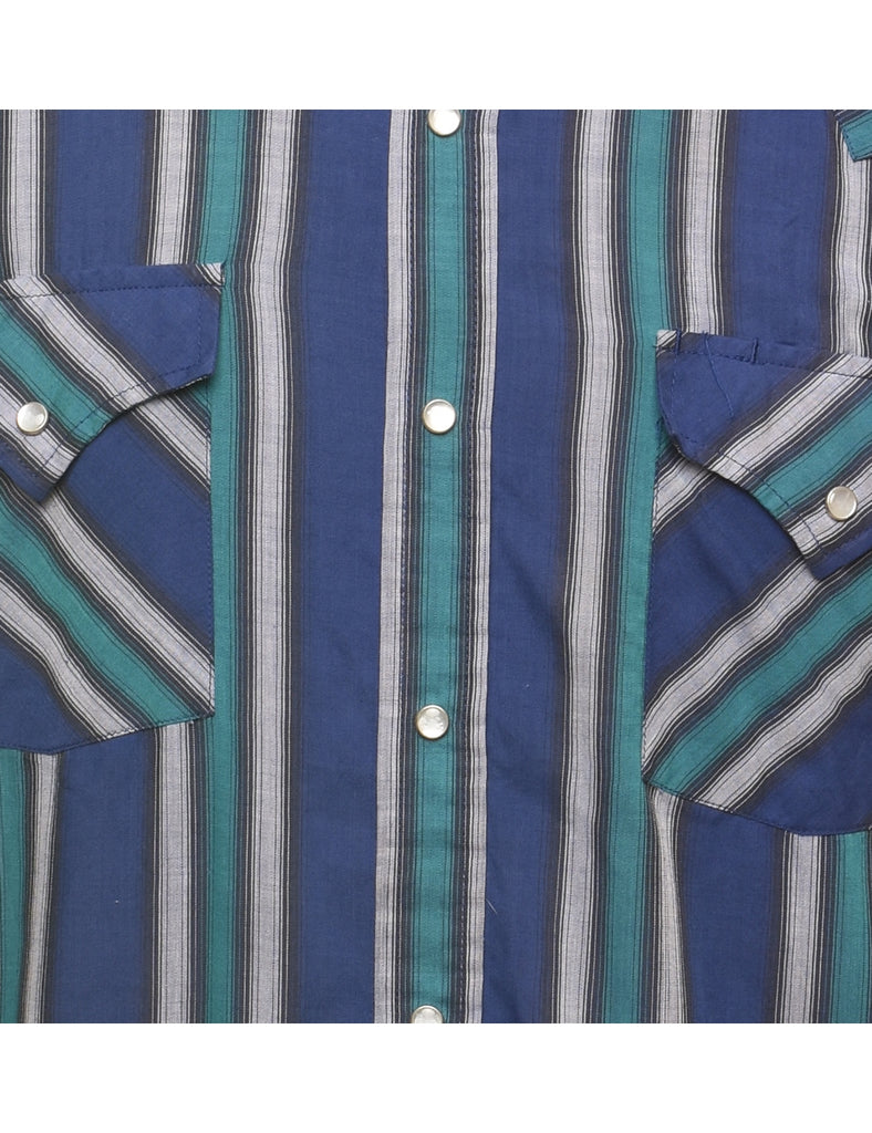Striped Green & Navy Classic Western Shirt - L