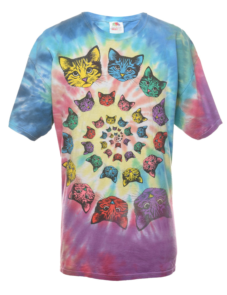 Cat Design Tie Dye Multi-Colour T-Shirt - XL