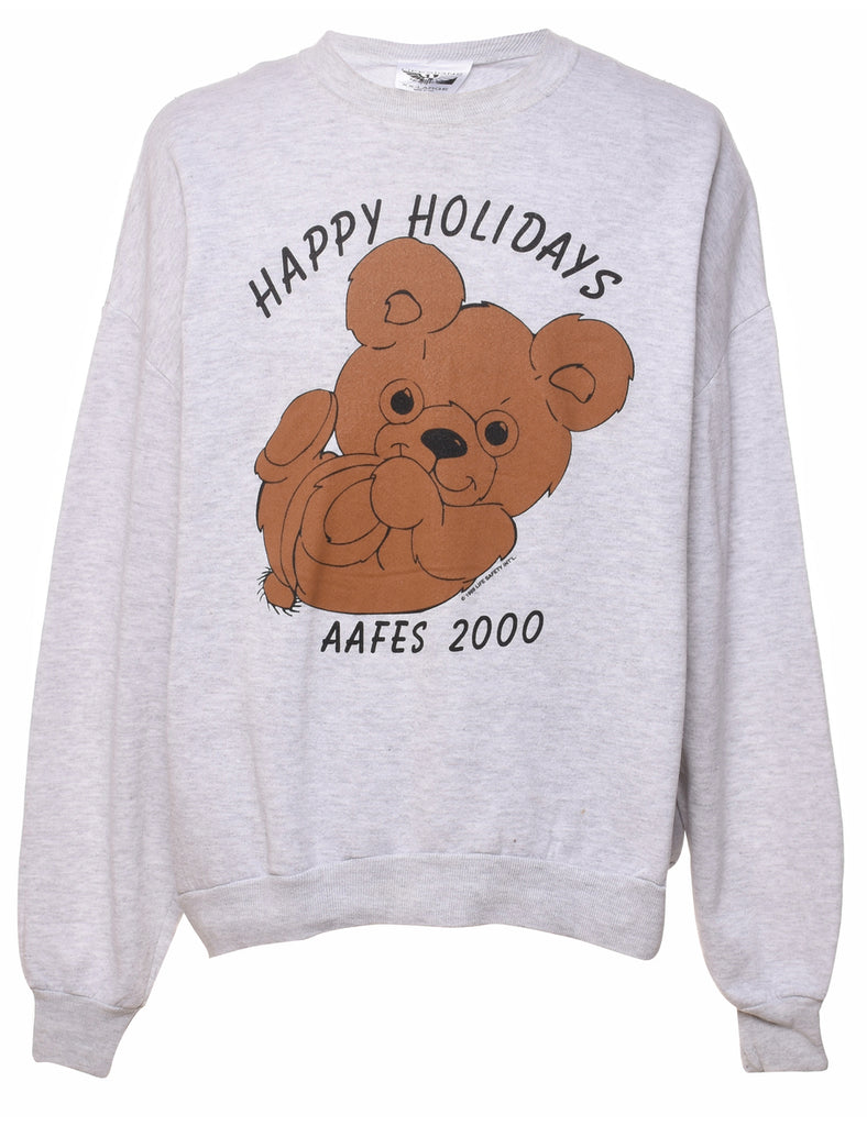 Marl Grey Happy Holidays Aafes 2000 Teady Bear Printed Sweatshirt - XXL