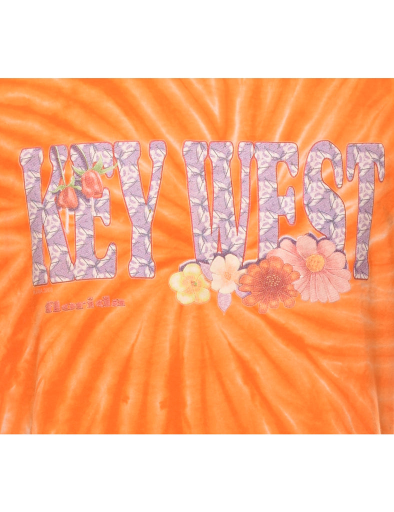 Tie Dye Design Orange Key West Printed T-shirt - L