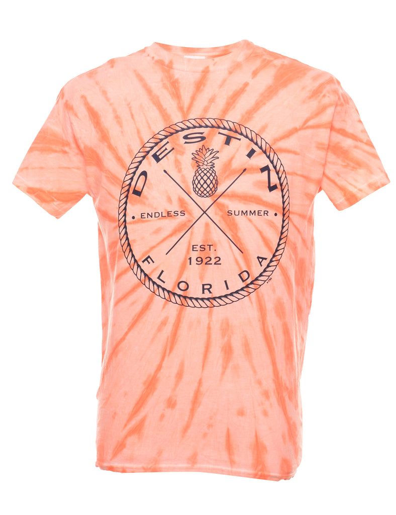 Tie Dye Design Orange & White Destin Printed T-shirt - M