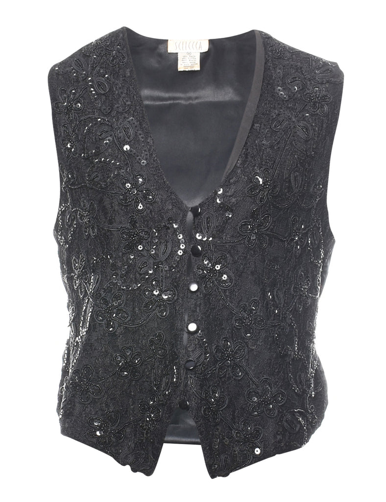 Black Beaded & Sequined 1990s Lace Waistcoat - M