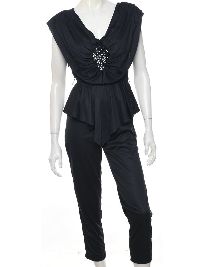 Black Cropped Sequined 1980s Jumpsuit - M