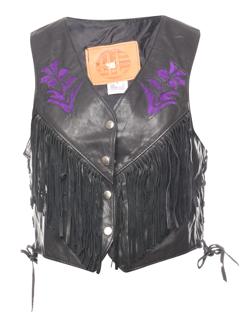 Black & Purple Classic Leather Fringed Waistcoat - M