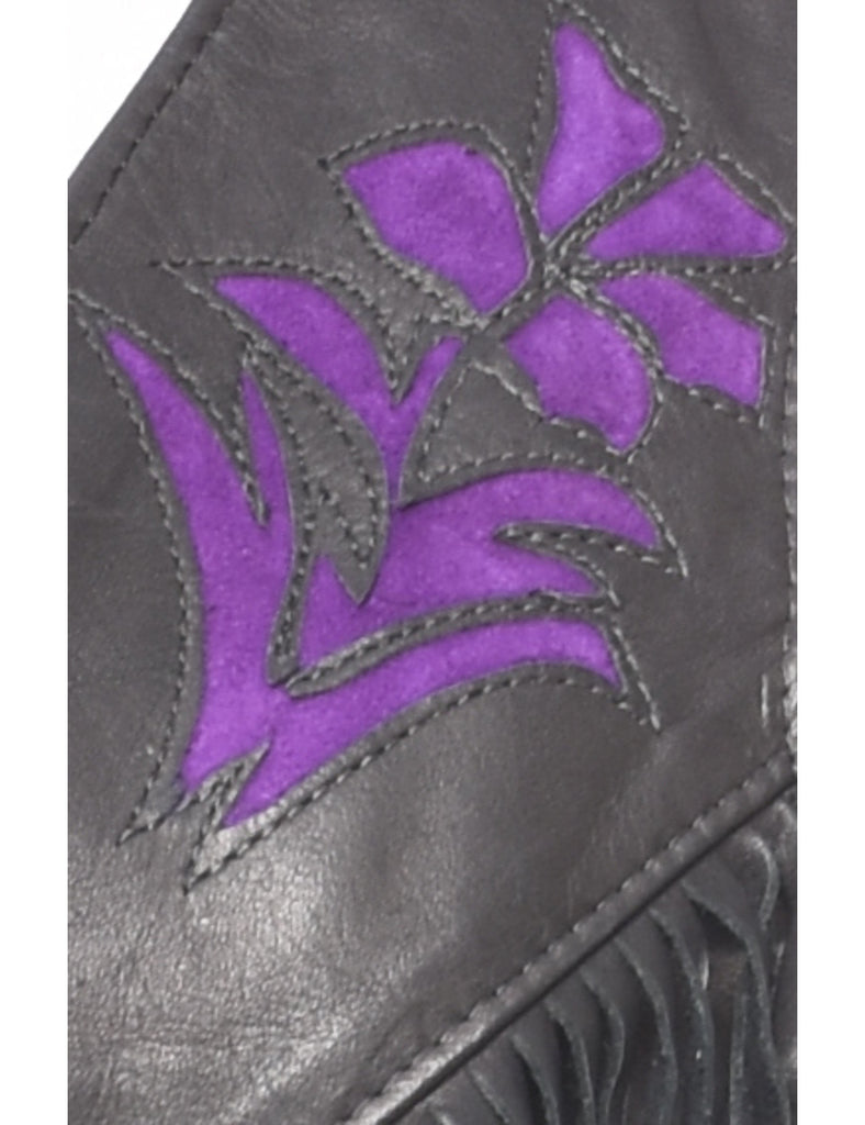 Black & Purple Classic Leather Fringed Waistcoat - M