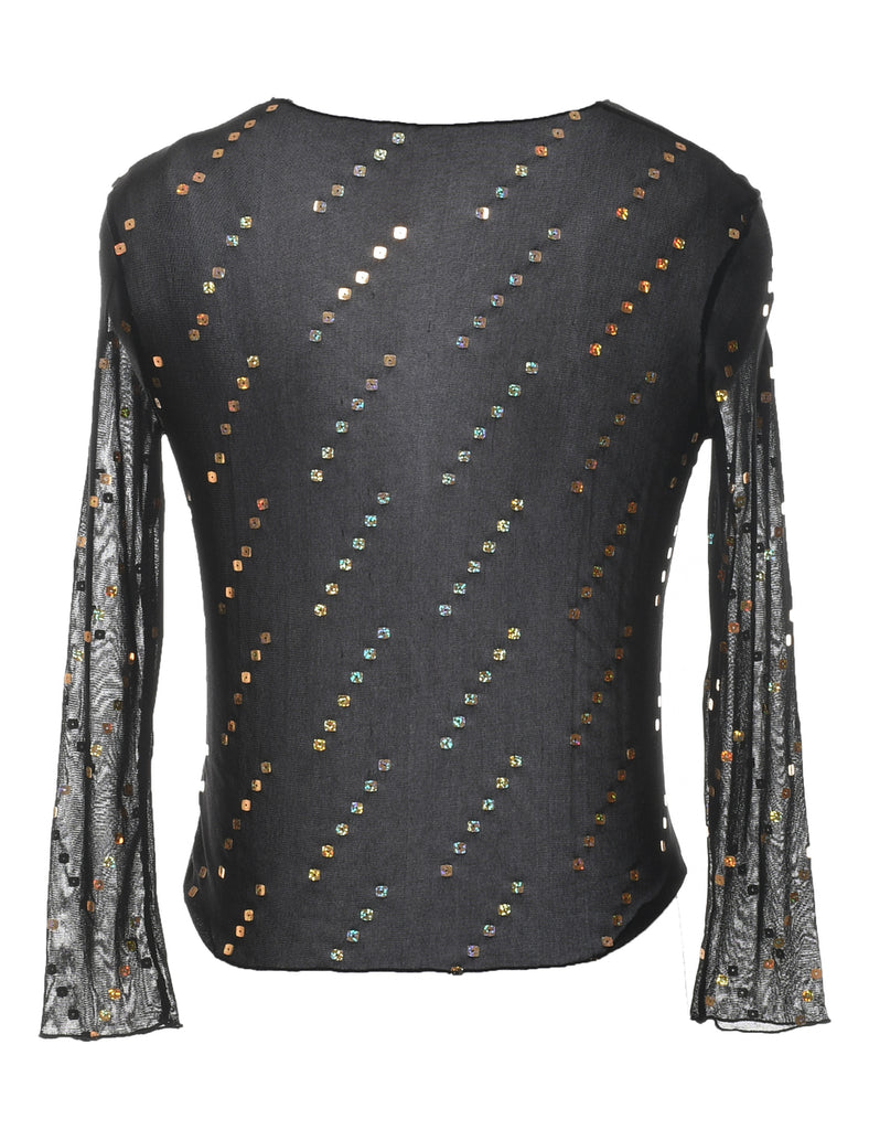 Black Sheer Effect 1990s Sequined Party Top - S
