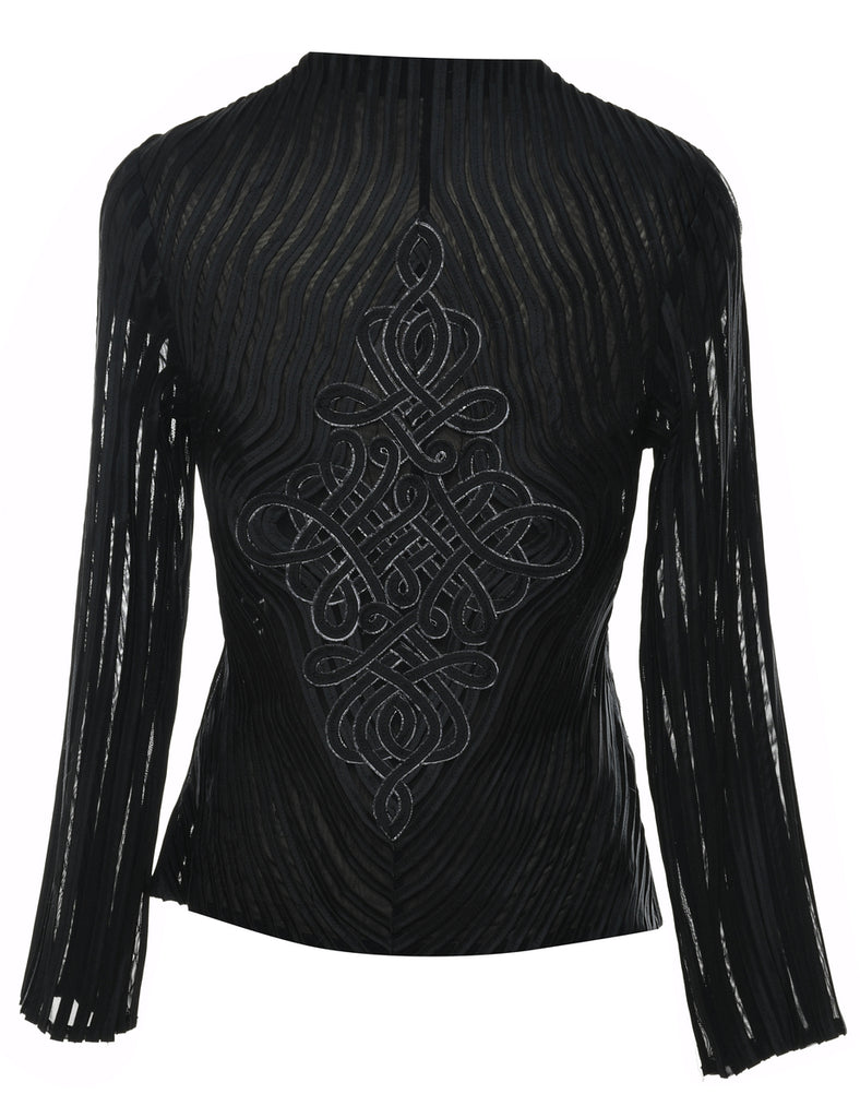 Black & Silver Embroidered Zip-Front Patterned Sheer Jacket - M