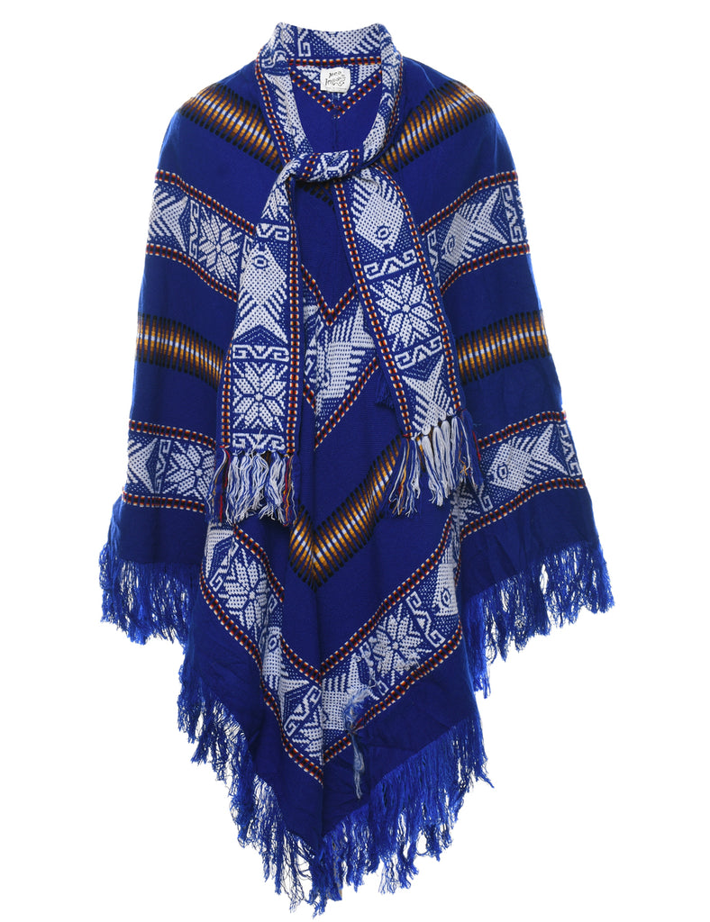 Blue Embroidered Fringed Poncho - L