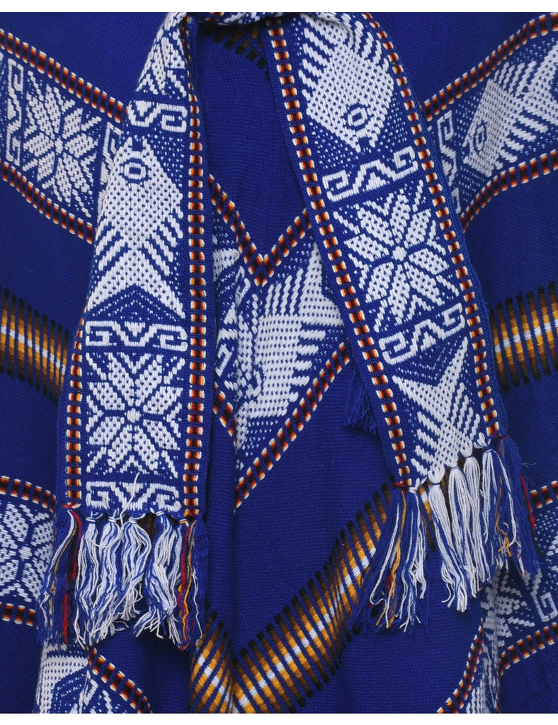 Blue Embroidered Fringed Poncho - L