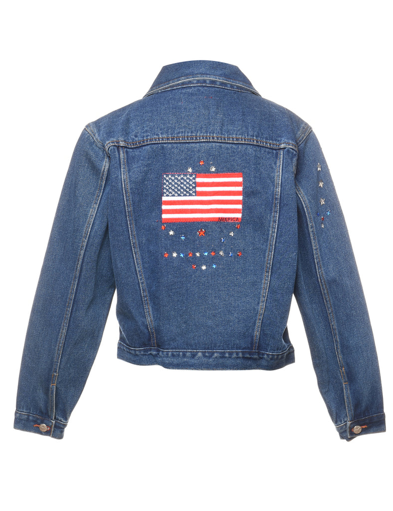 Dark Wash American Flag Design Denim Jacket - M