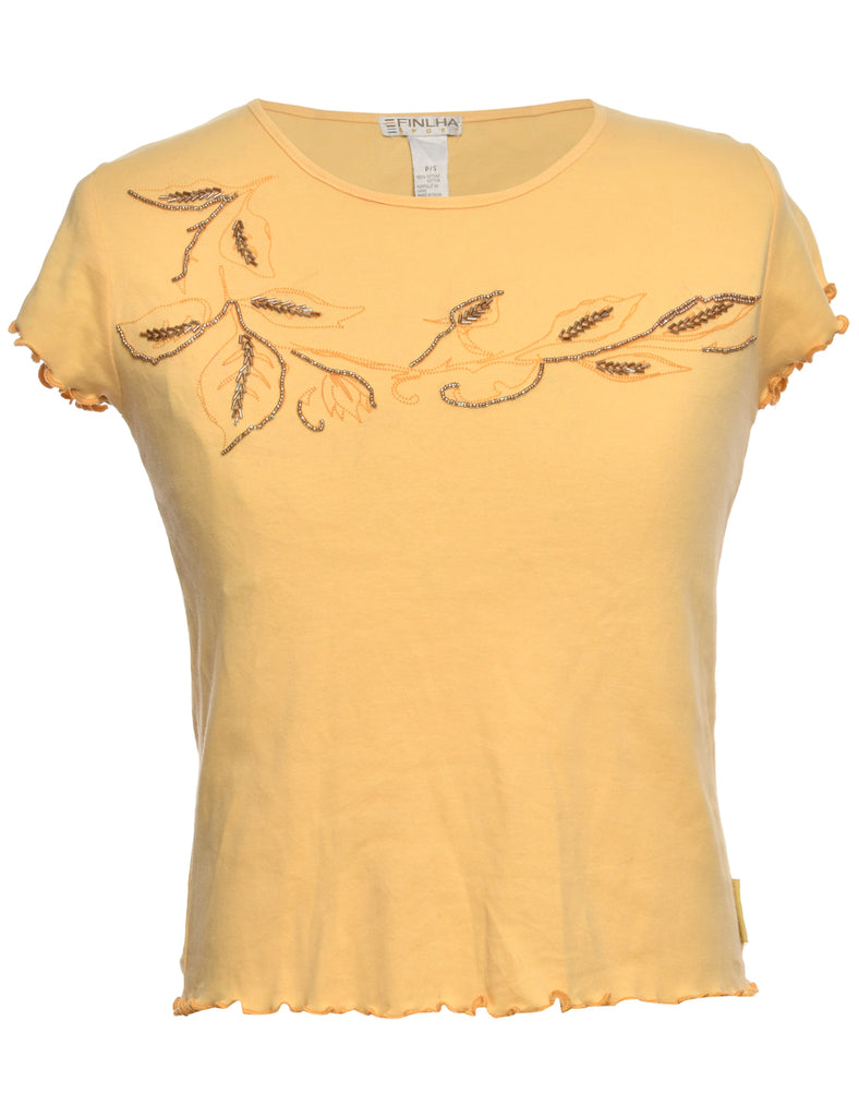 Embellished Yellow Printed T-shirt - S