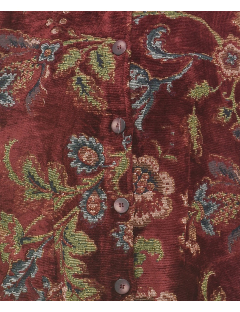 Floral Pattern Maroon Tapestry Jacket - M