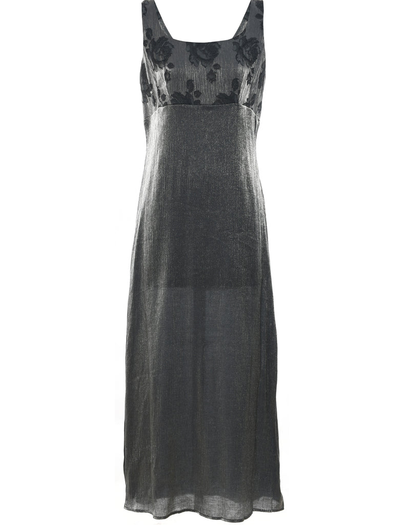 Floral Print Black & Silver 1990s Metallic Evening Dress - L