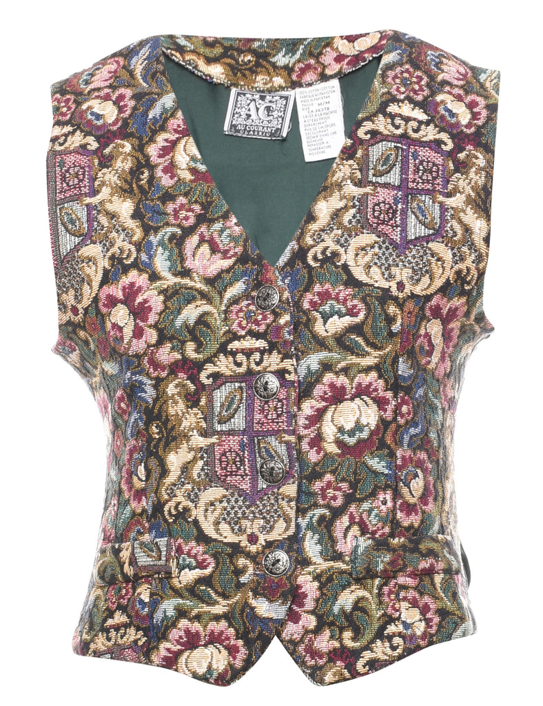 Floral Print Multi-Colour Glittery Tapestry Waistcoat - M