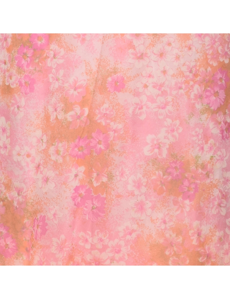 Floral Print Pale Pink, Orange & Green 1970s Dress - M