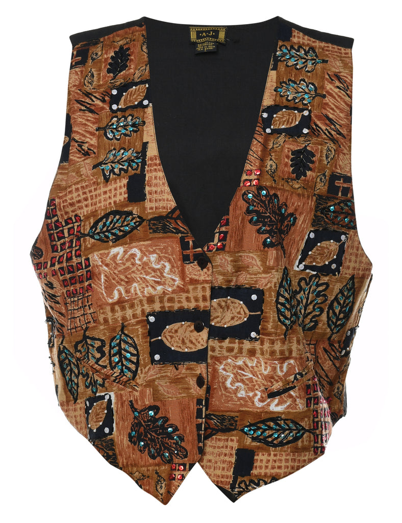 Leafy Print Black & Brown Sequined Waistcoat - L