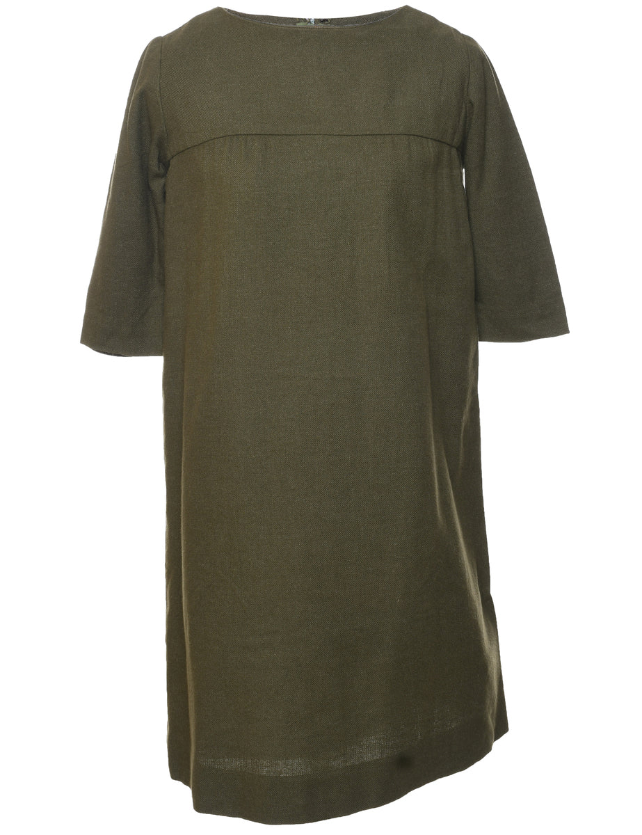 4511421 Oil Green Pearl Button Shift Dress