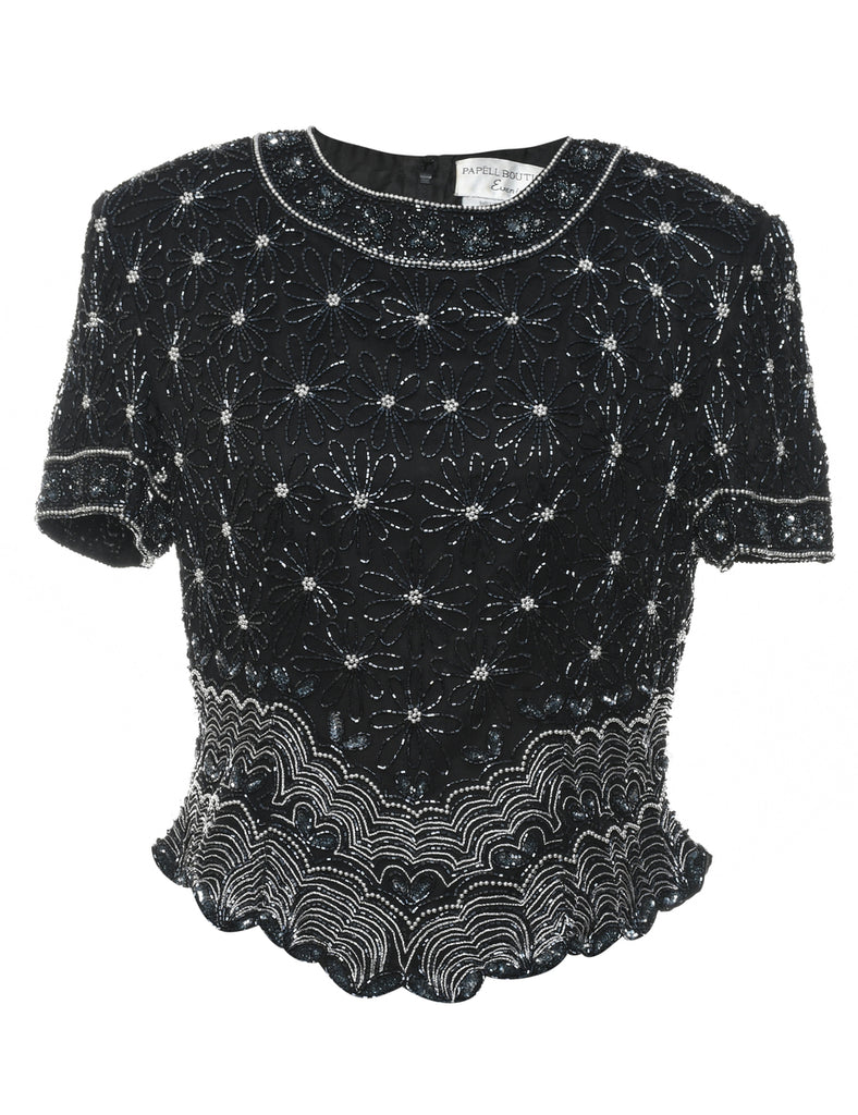 Sequined & Beaded Silk Party Top - M