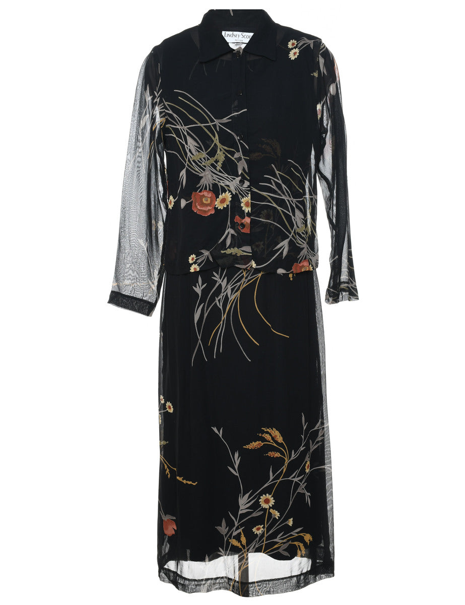 Shear Floral Printed Black Dress Retro Style