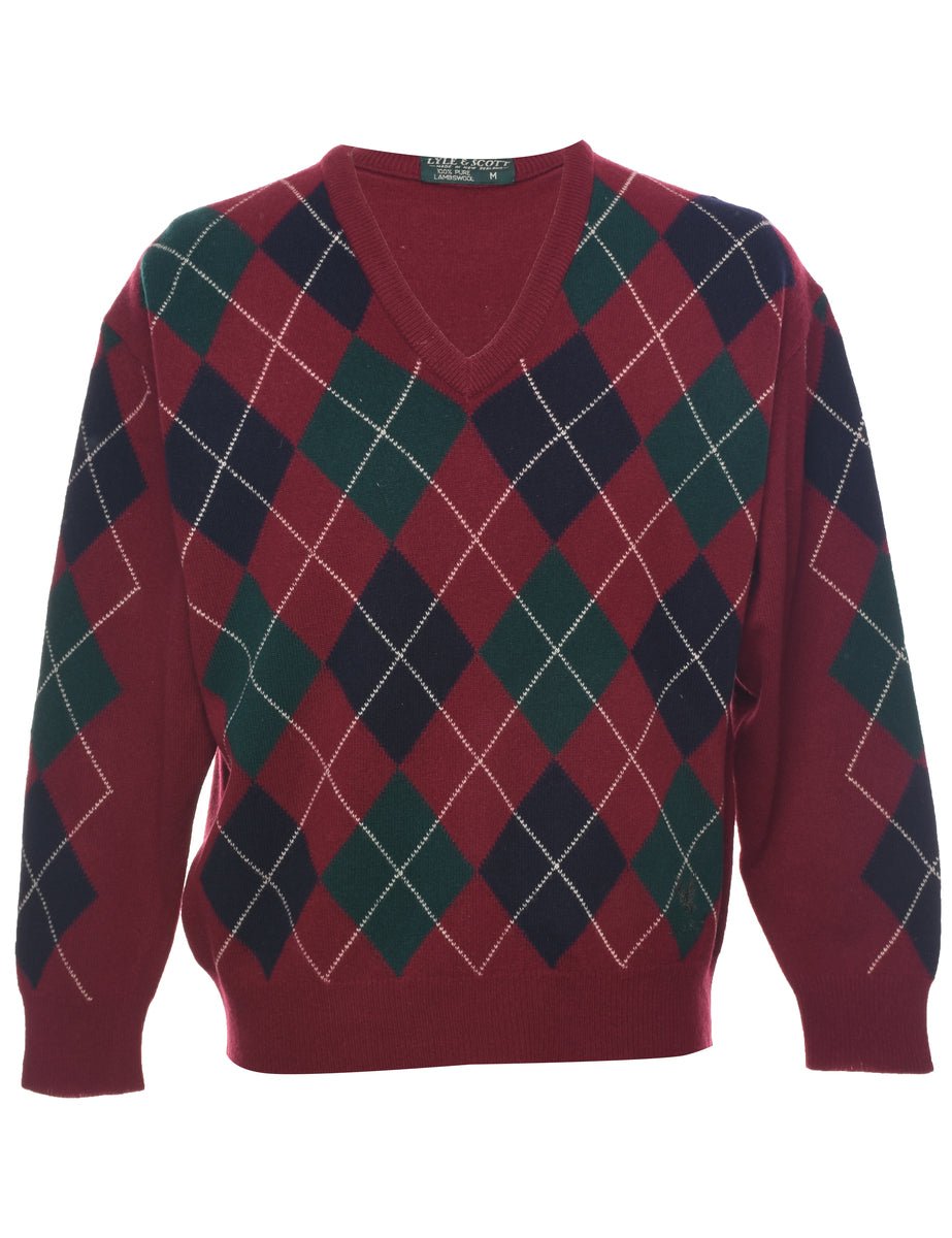 Men's Argyle Jumper Red, M Beyond Retro - Main Image