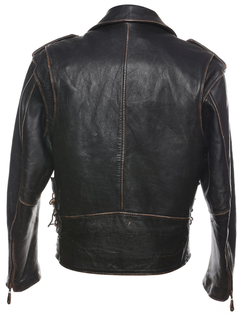 Biker Style Black Distressed Leather Jacket - M