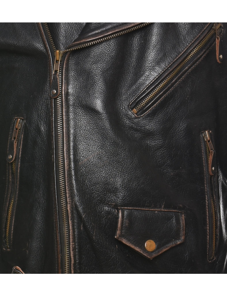 Biker Style Black Distressed Leather Jacket - M