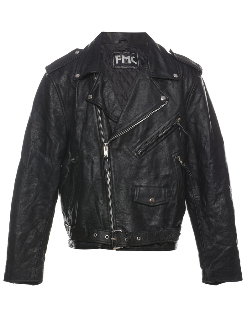 Black Classic Biker Style Leather Jacket - XL