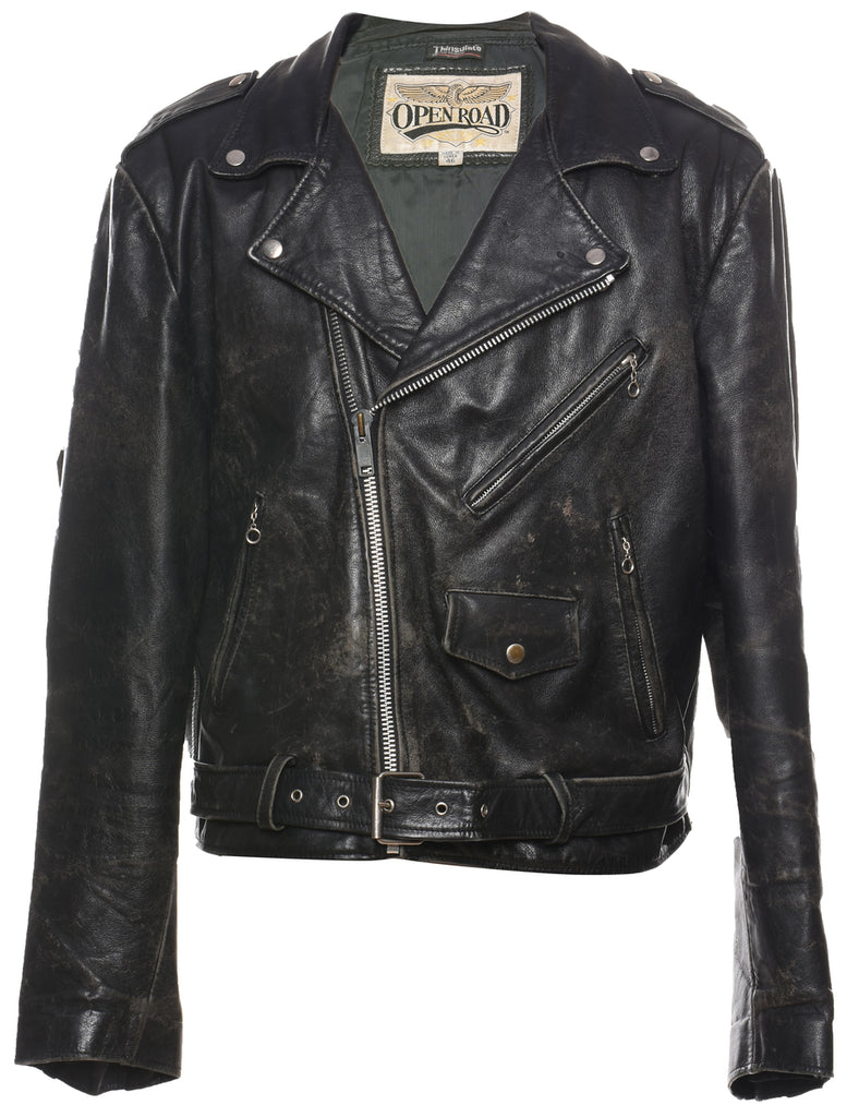Black Classic Leather Distressed Biker Jacket - XL
