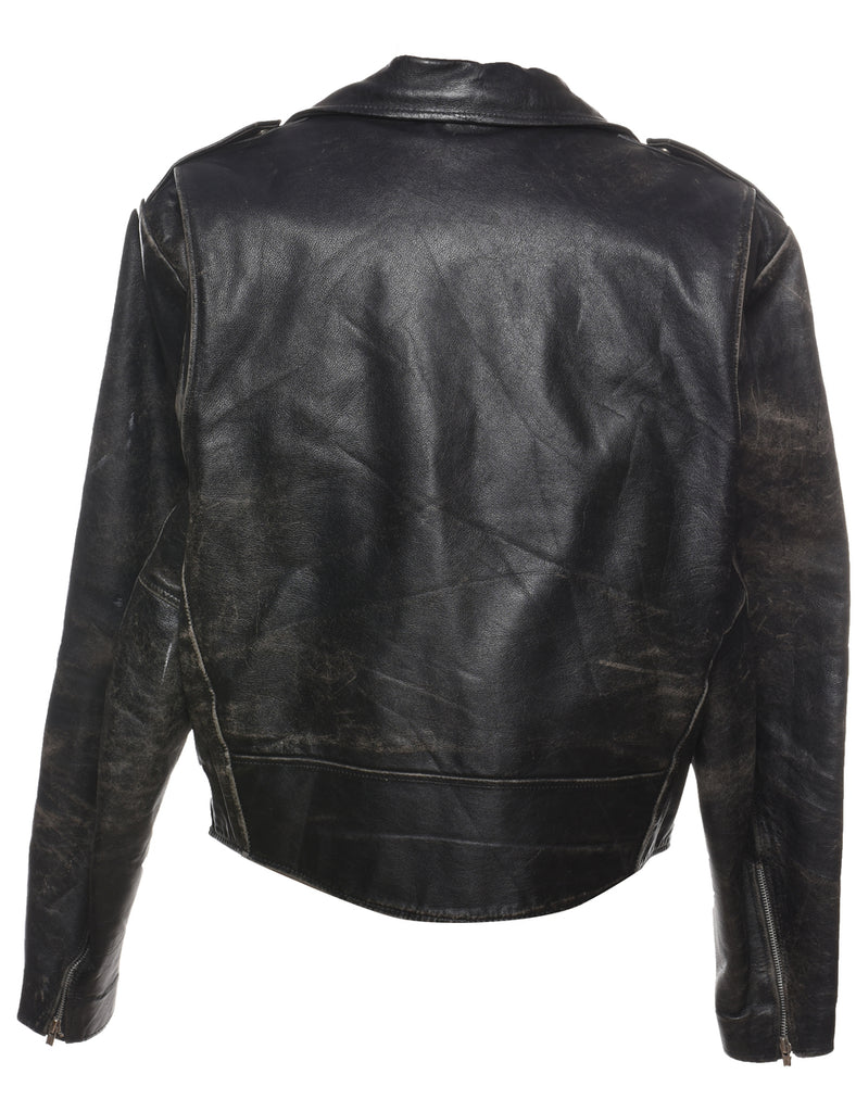 Black Classic Leather Distressed Biker Jacket - XL