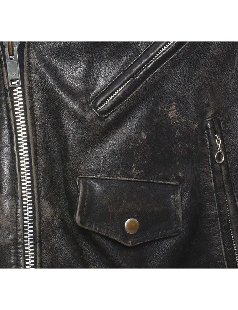 Black Classic Leather Distressed Biker Jacket - XL