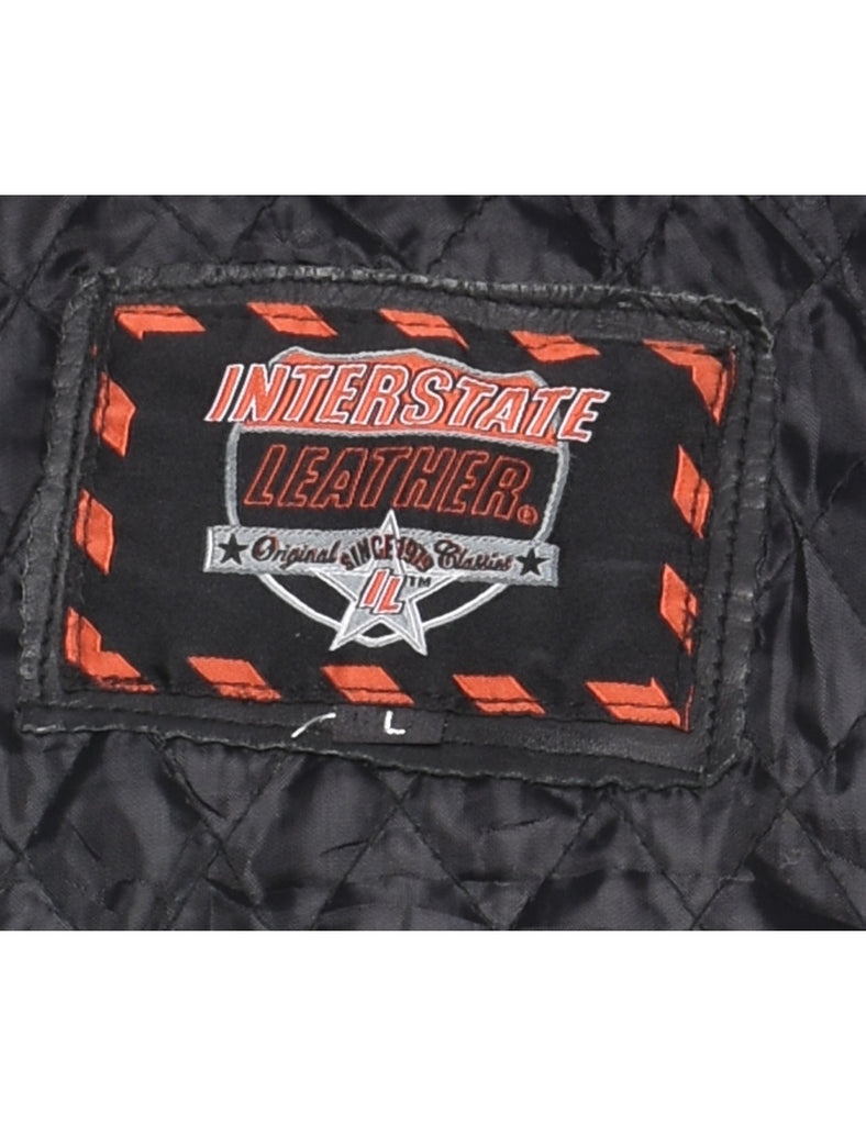 Black Plaid Detail Zip-Front Leather Jacket - L
