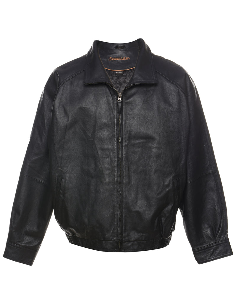 Black Zip-Front Oversized Leather Jacket - XL
