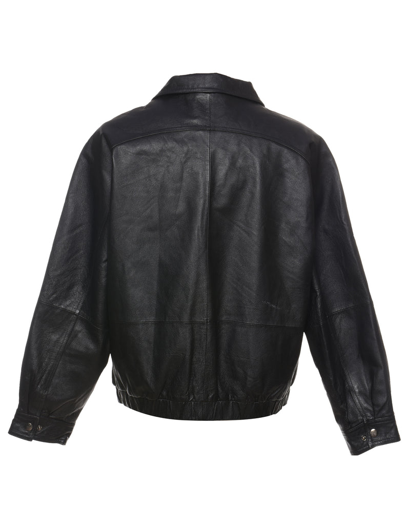 Black Zip-Front Oversized Leather Jacket - XL
