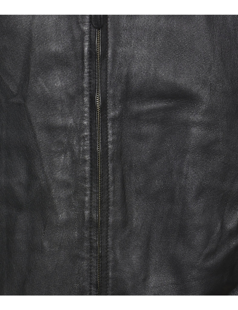 Black Zip-Front Oversized Leather Jacket - XL