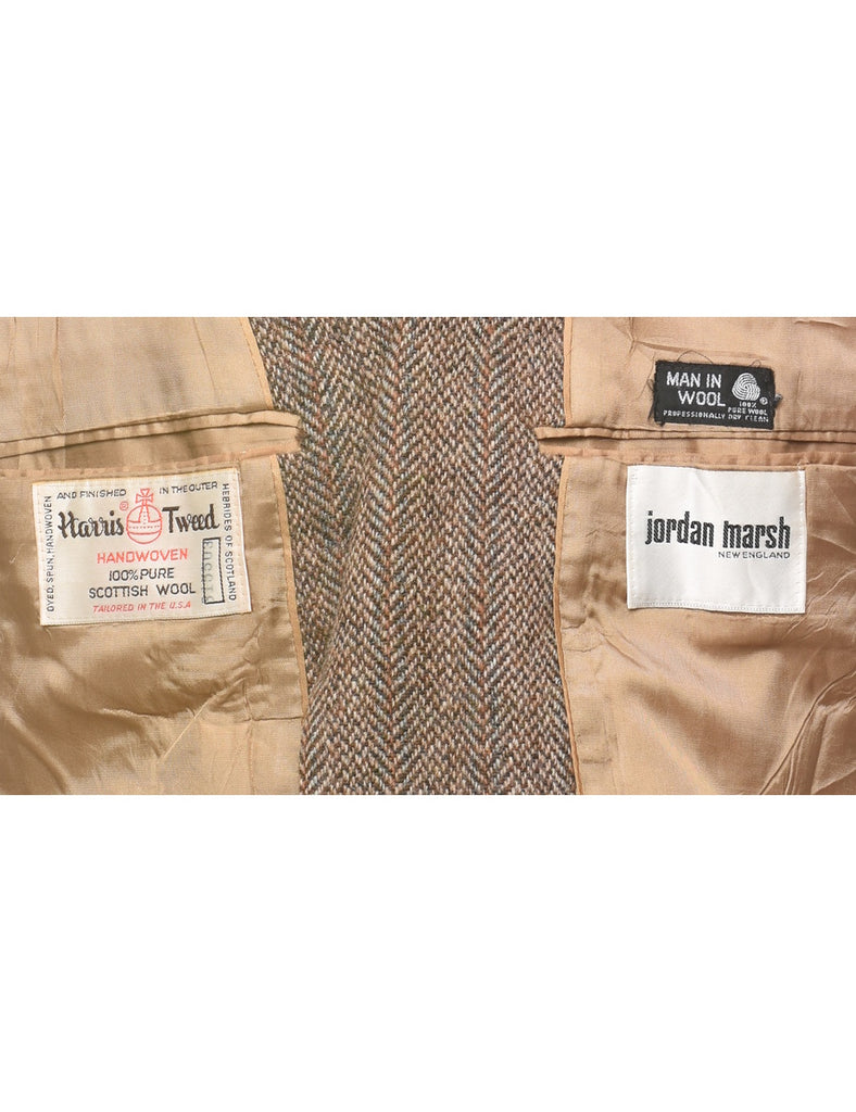 Brown Herringbone Tweed Wool Blazer - M