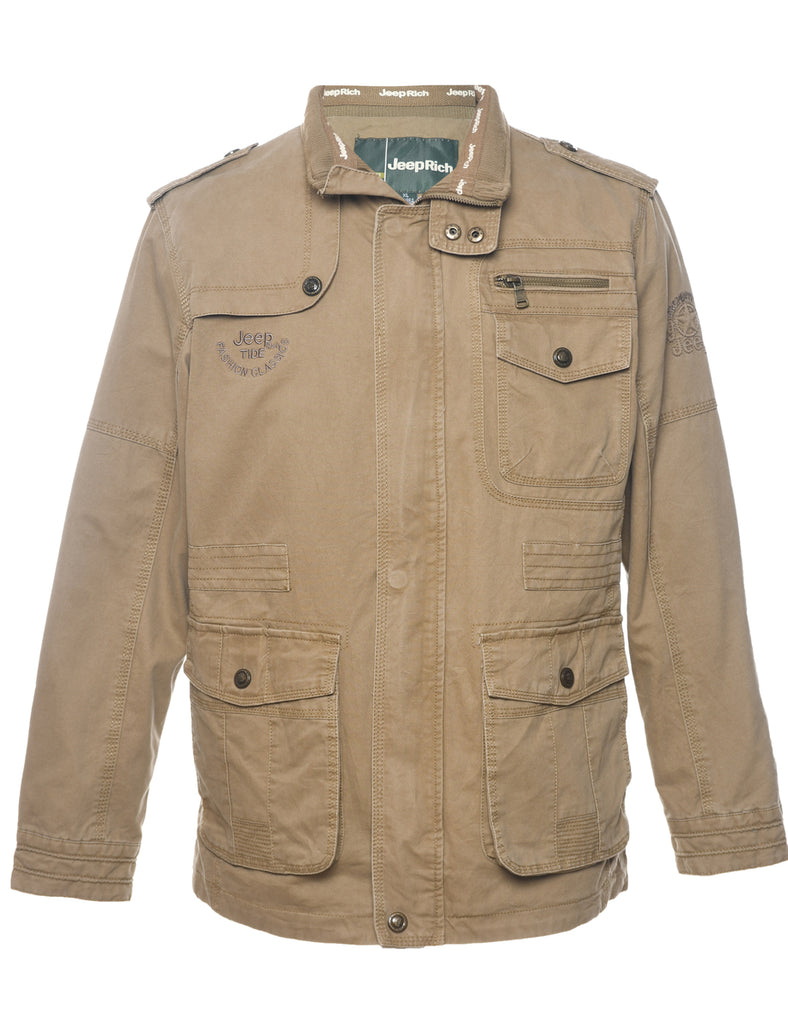 Brown Zip-Front Jeep Embroidered Jacket  - XL