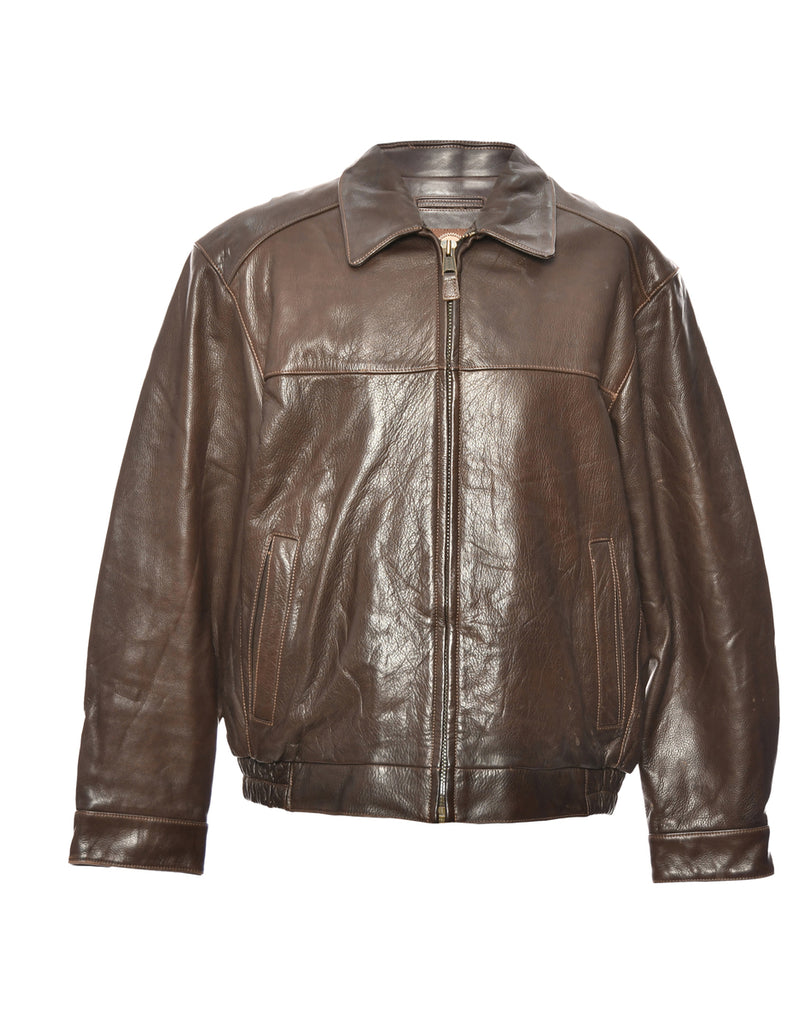 Dark Brown Zip-Front Leather Jacket - L