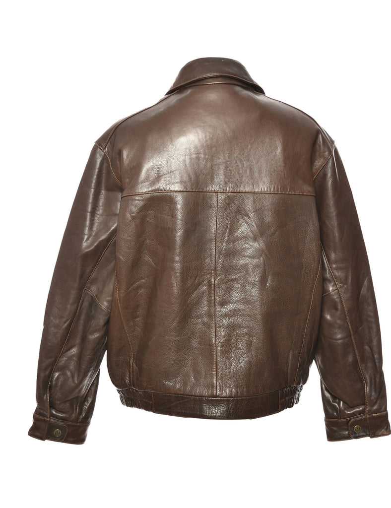 Dark Brown Zip-Front Leather Jacket - L