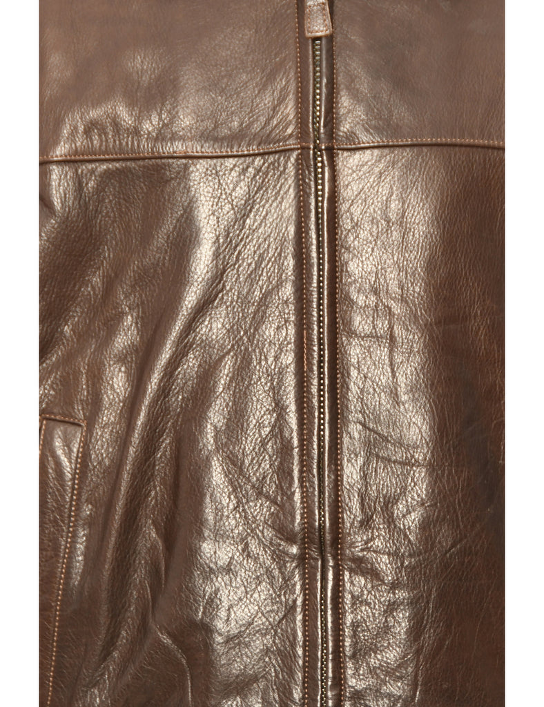 Dark Brown Zip-Front Leather Jacket - L