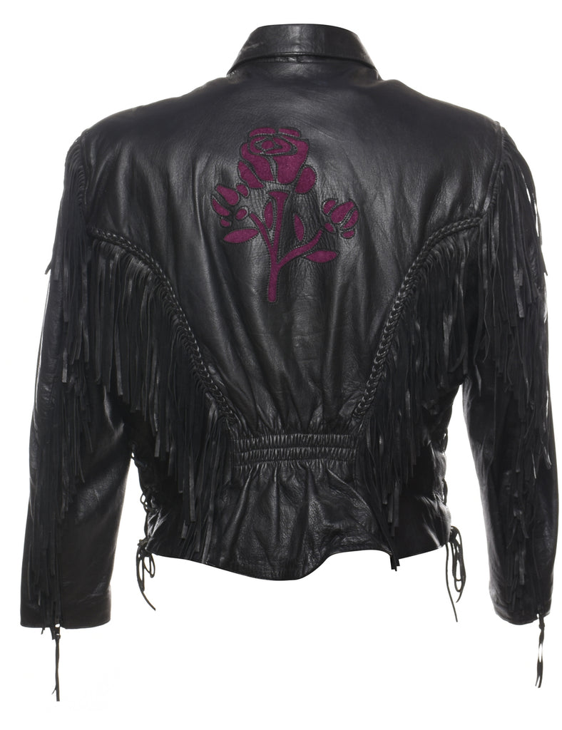 Fringed Black & Purple Floral Leather Jacket - L