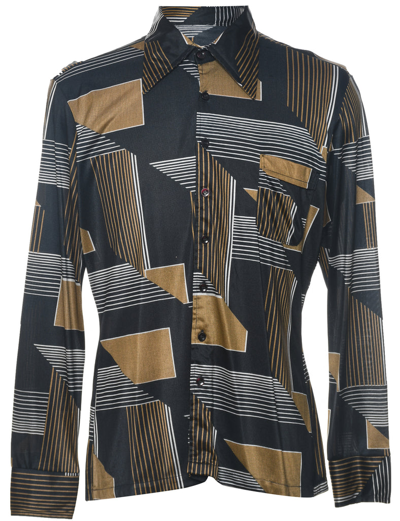 Geometric Pattern Black & Gold 1970s Shirt - M
