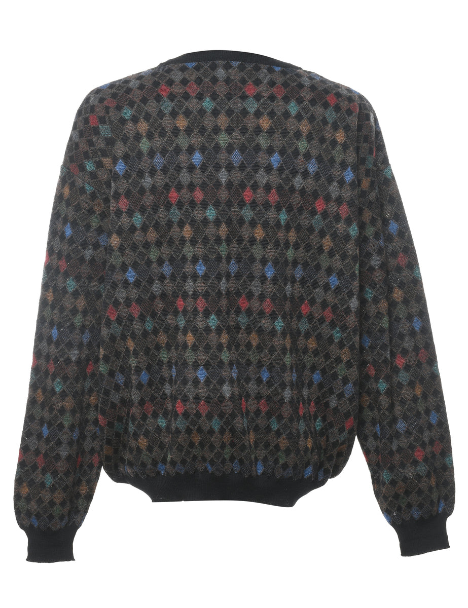 Men s Harlequin Pattern Jumper Multi coloured XL Beyond Retro